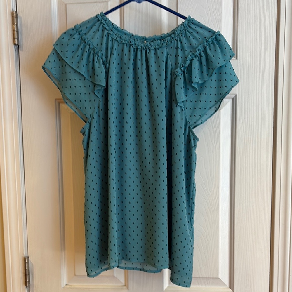 LOFT Green Flutter Sleeve Blouse with Ruffled Design